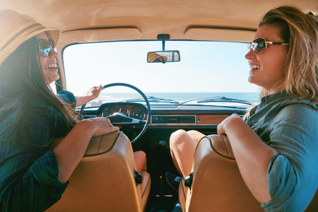 Smile, travel and view with friends in car for road trip, adventure and summer vacation. Journey,...