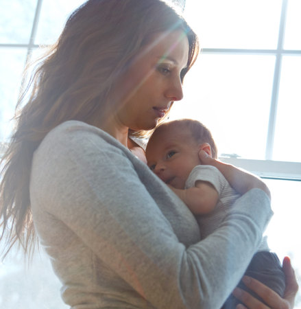 Love, mother and relax with baby in home for bonding together, connection and child development. New...
