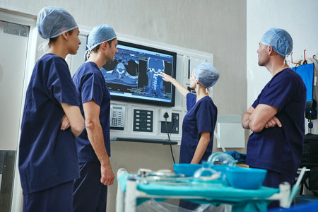 Surgeon, team or discussion with CT scan in theater for surgery planning, tumor progress or scrubs. Doctor staff, people or screen with chest cavity in hospital for lung cancer diagnosis or operationの写真素材