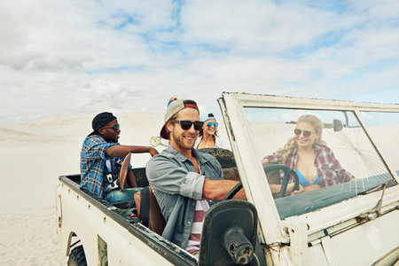 Man, off road and truck in desert, friends and travel for getaway, adventure or drive on summer...
