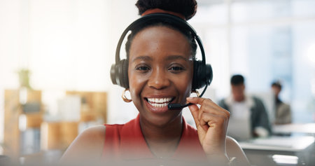Happy woman, portrait and agent with headset for CRM, communication or online advice in office....