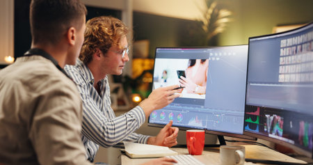 Men, designers or night with computer for digital marketing, color correction or editing in office....