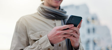 City, hands and person with phone for contact, chat and browse online or internet. Outdoor,...