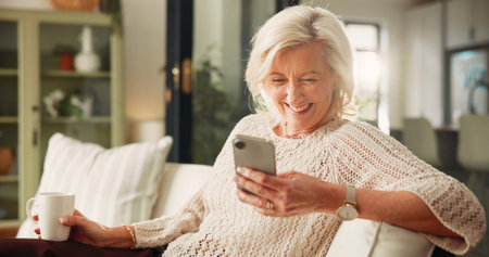 Home, smartphone and old woman on sofa, smile and funny meme with social media. Apartment, mobile...