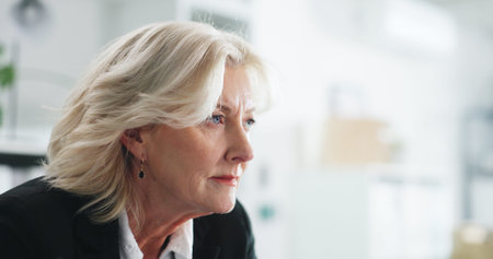 Corporate, businesswoman and thinking in office with decision, planning or contemplation for audit....