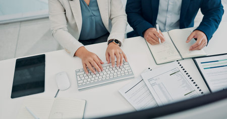 Paperwork, above and hands business people in office for finance report, budget review and research....