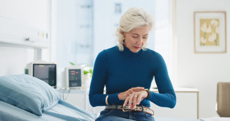 Medical, waiting and watch with woman on hospital bed for appointment, checkup or healthcare....