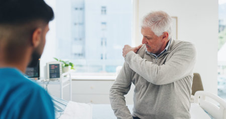 Nurse, old man or checkup for shoulder pain in clinic with symptoms, medical assessment or help....