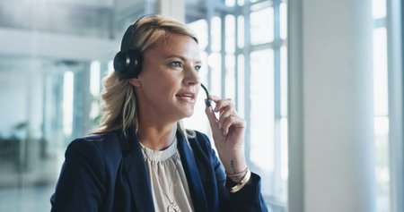 Mic, contact us and woman in call center for support, finance or listen for banking assistance....