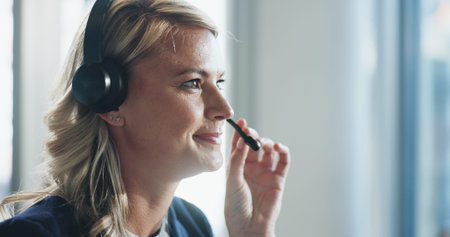 Mic, business and happy woman in call center for telemarketing, insurance and telesales feedback....