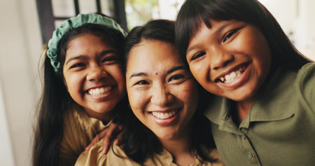 Home, portrait and mother with smile, girls and happy with weekend break, pride and family....