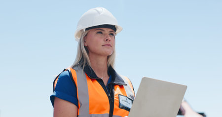 Construction, woman and outdoor with tablet, thinking and building research for project development....