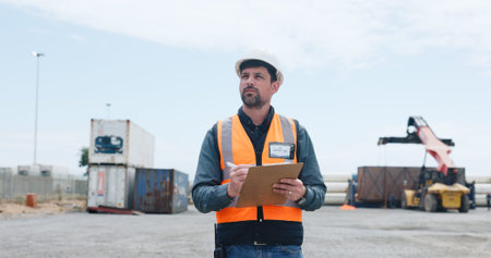 Man, logistics and inspection with clipboard in yard for shipping control or supply chain safety....