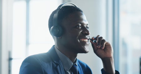 Mic, contact us or happy black man in call center for crm, finance or listen for banking support....