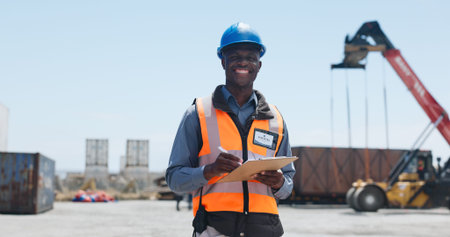 Logistics, man and portrait with clipboard in yard for shipping control, inspection or supply chain....