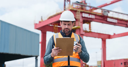 Man, logistics or shipping inspection in container yard for supply chain control or distribution....