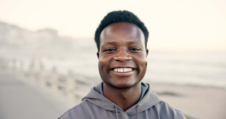 Portrait, black man and smile outdoor with fitness, workout start and positive attitude for...
