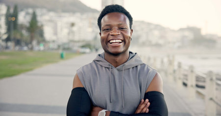 Portrait, black man and arms crossed for fitness outdoor with pride, exercise and cardio training....