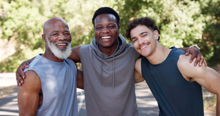 Portrait, happy men and outdoor with hug for exercise, wellness goals and workout accountability....
