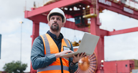 Outdoor, logistics and man with laptop for inspection, shipment delivery or export management...