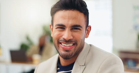 Portrait, creative agency and man in office with smile, career ambition and magazine editor. Happy...
