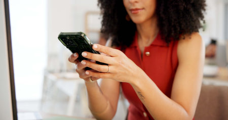 Hands, woman and reading with phone in office to contact editor, submission and upload story....