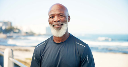 Portrait, senior black man and fitness at beach for exercise, training and fresh air for wellness....
