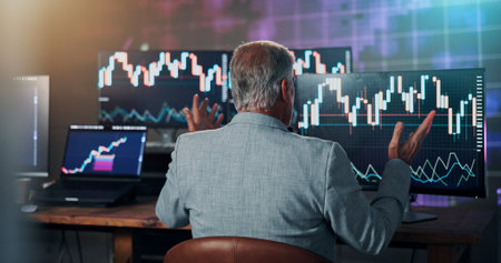 Businessman, trading and shock with monitor for market crash, charts or back at finance company....