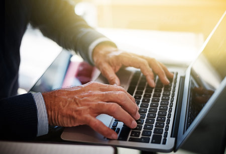 Hands, investor or man with laptop, typing or research for trading strategy, internet or connection....