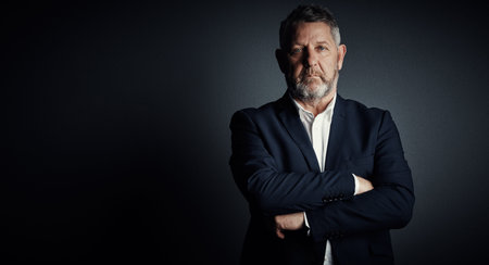 Arms crossed, portrait and serious with business man as investment banker, pride and about us....