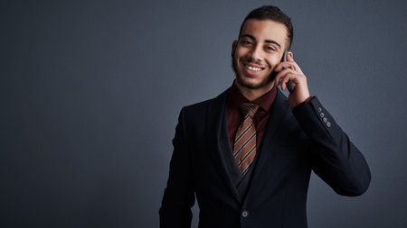 Portrait, business man and phone call in studio for finance offer, savings advice and upsell...