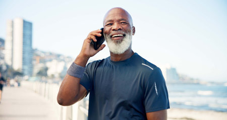 Boardwalk, fitness and mature man with phone call, communication and share location for workout...