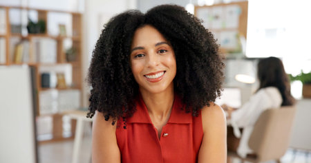 Smile, about us and portrait of businesswoman in office with confidence for creative career. Happy,...
