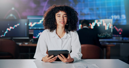 Portrait, woman and tablet with reporter for business news channel, investment and communication....
