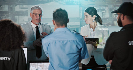 Security, presentation and group in control room with people for strategy, planning for satellite surveillance. Government, briefing and team in cctv command center at intelligence agency or meetingの写真素材