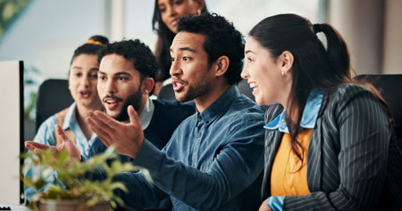 Happy, group and employees with computer, office and positive results for campaign on web and...