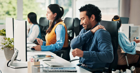 Computer, business man or shoulder pain in office with muscle fatigue, article pressure or workload....