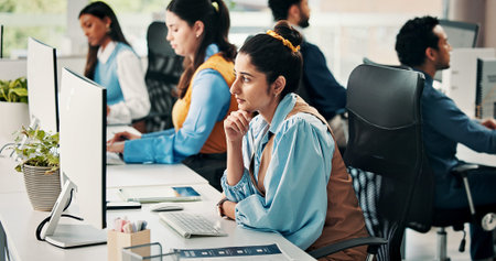 Worry, trading or woman in office with computer, crypto check or technical glitch on investment...