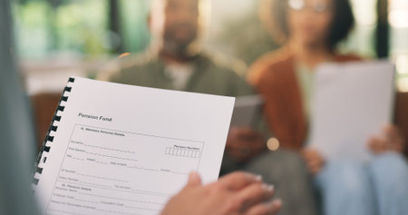 Hands, person and document with couple at house for pension fund with application form. Agent, mature people and paperwork for retirement benefits, financial guidance and annuity account for fundingの写真素材