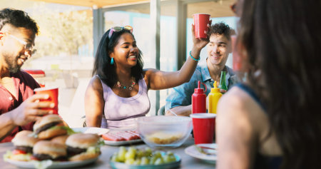 Cheers, bbq and relax with friends outdoor for social reunion, lunch and summer vacation. Gathering,...