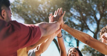 Support, hands or friends with high five outdoor for solidarity, unity or community inclusion....