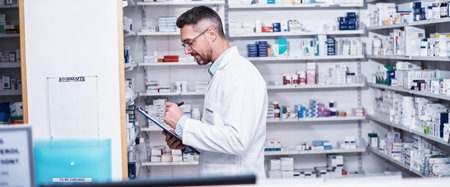 Pharmacist, man and clipboard at shelf in store for inventory, pills quantity and product info....