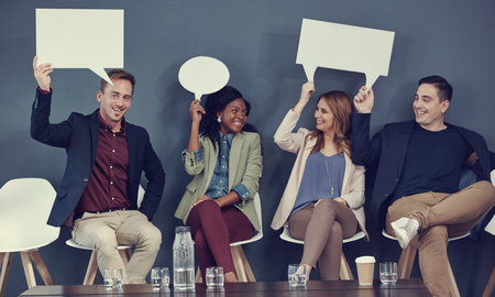 Speech bubble, interview and smile with business people in studio for social media, recruitment faq...