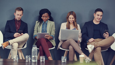 Hiring, row or group with tech in waiting room for job opportunity, online CV or interview...
