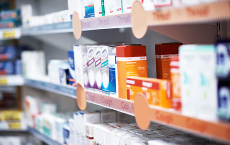 Medication, shelves and boxes in empty shop for prescription, pharmaceuticals or vitamins. Retail...