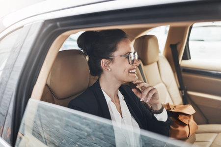 Business woman, thinking and ride in car for travel, planning or ideas for corporate conference....
