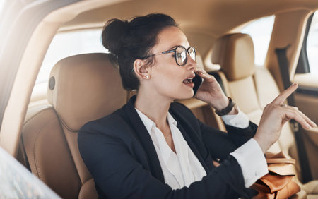 Business woman, phone call and talk in car for contact, agenda or booking for corporate conference....