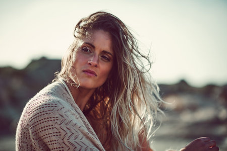 Beach, thinking and woman with holiday relax and nature with weekend break. Outdoor, tourism and...