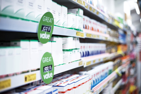 Pharmacy, sale and medicine on shelf in store for prescription, vitamins or supplements deal....