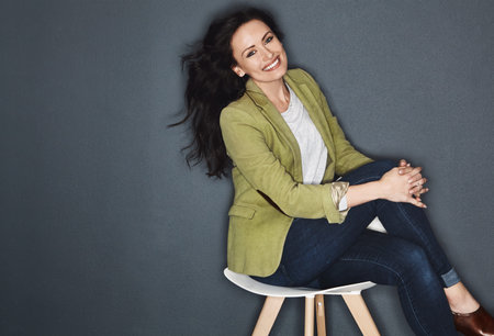 Happy, business and woman with chair in studio for career pride, about us and real estate. Mockup...